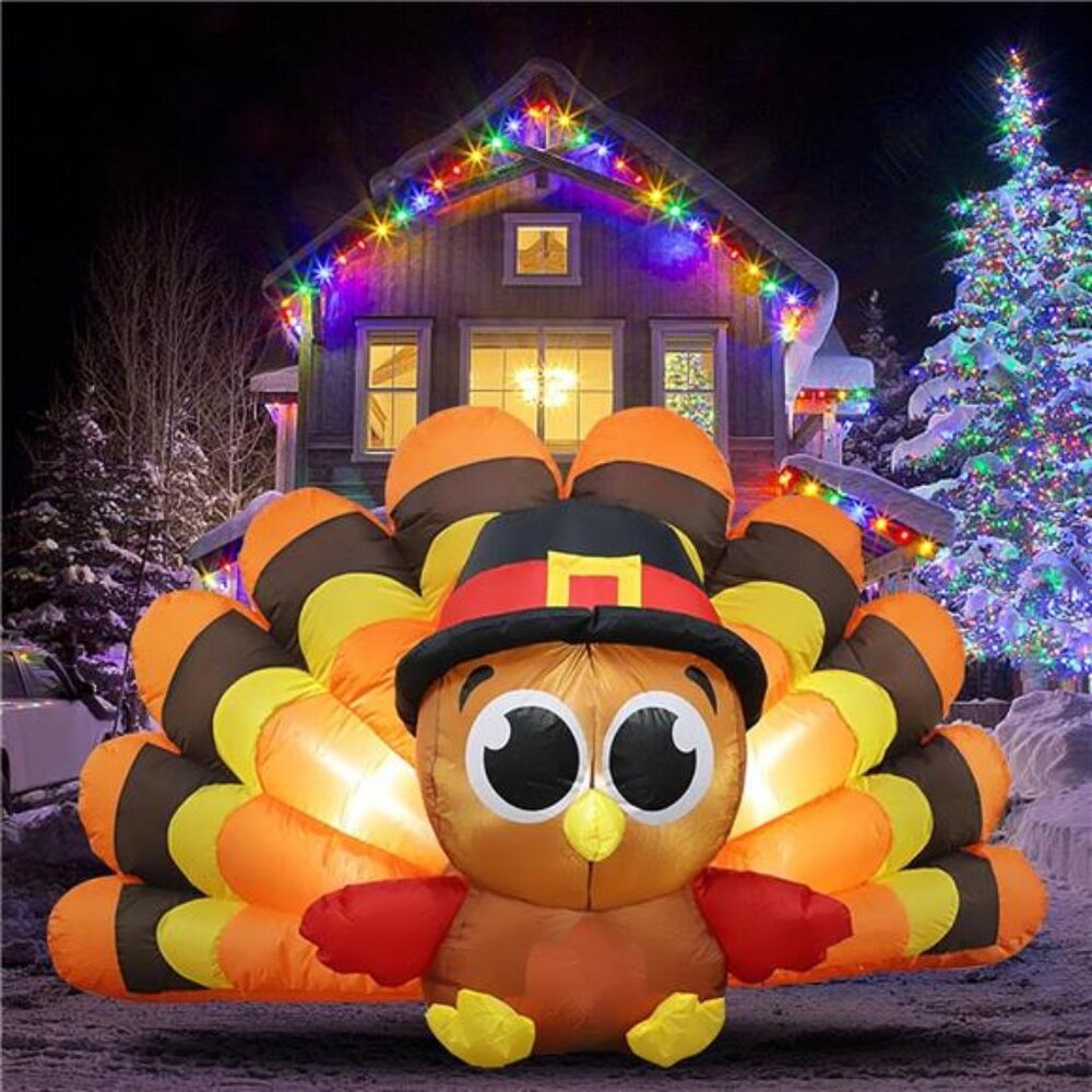 7.8FT Thanksgiving Inflatables Turkey Decorations with Pilgrim Hat & LED Lighted